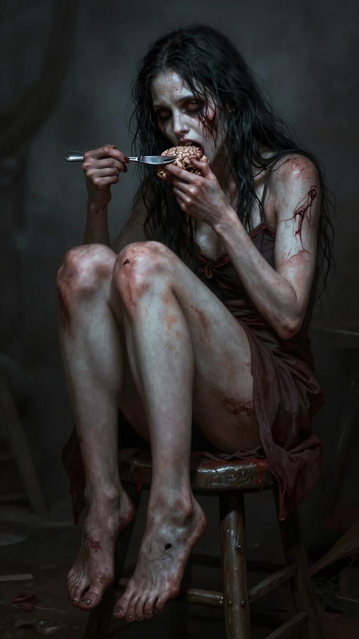 Zombie Woman Eating Brains in Fantasy Horror Style