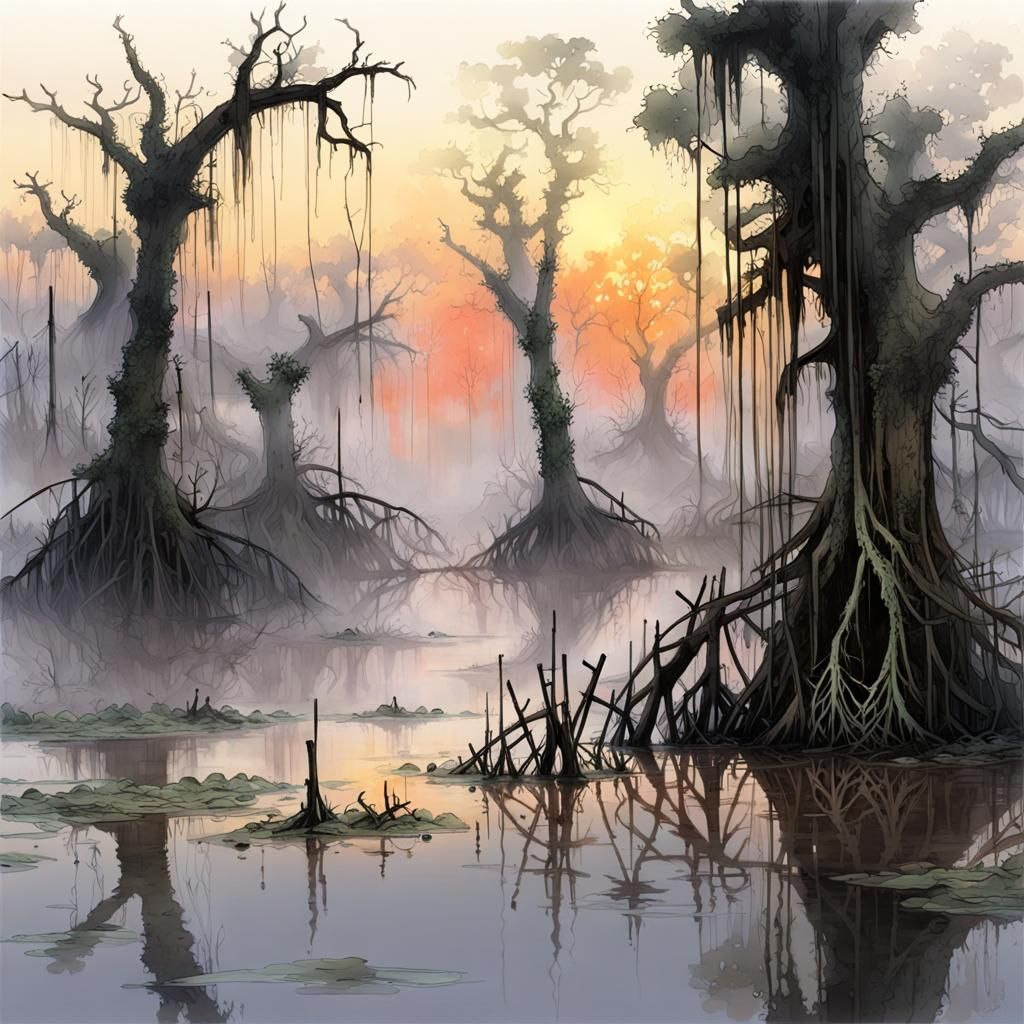 Swampy Mississippi Delta Dawn: Post-Apocalyptic Splash Art