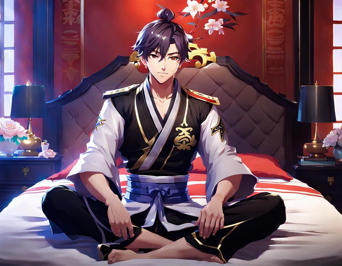 Asian anime boy sitting on bed