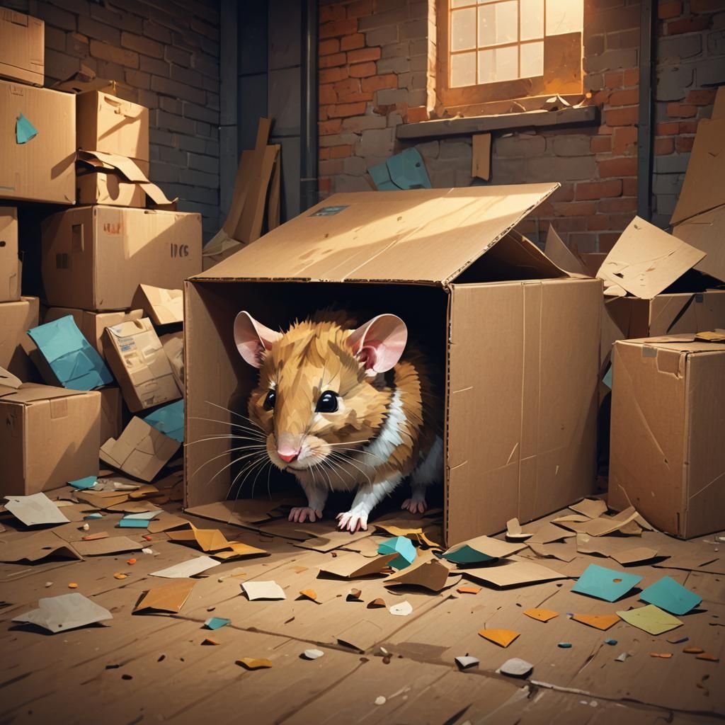 Mouse Hides from Hunting Cat in Abandoned Warehouse Scene