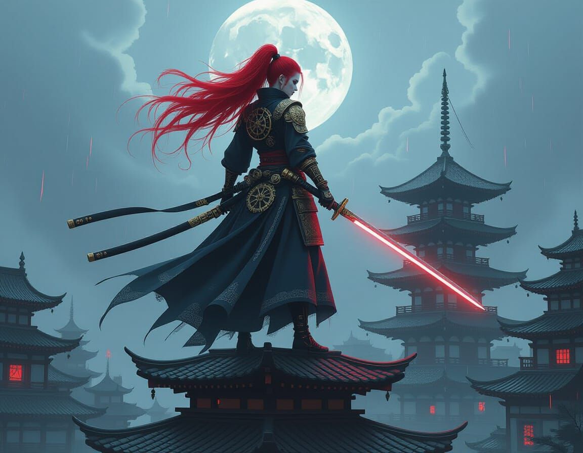 Gothic Samurai with Clockwork Katana on Pagoda