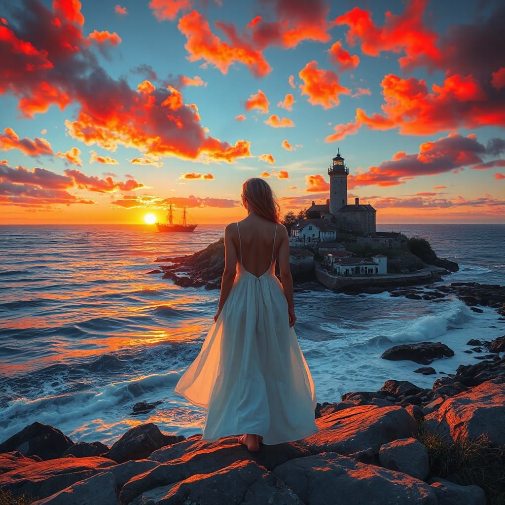 Coastal Woman Gazing at Sunset, Realistic Illustration