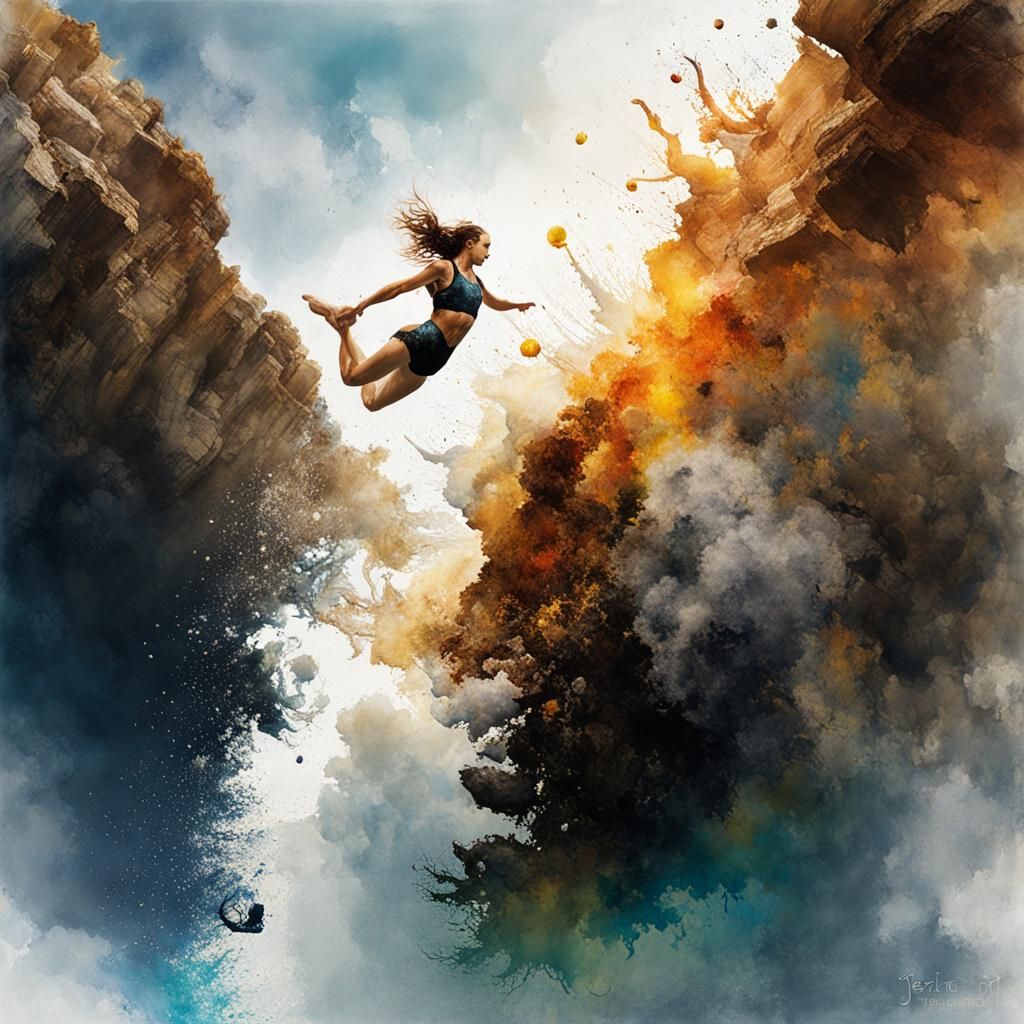 Cliff Diver in Ink Watercolor Splash Art