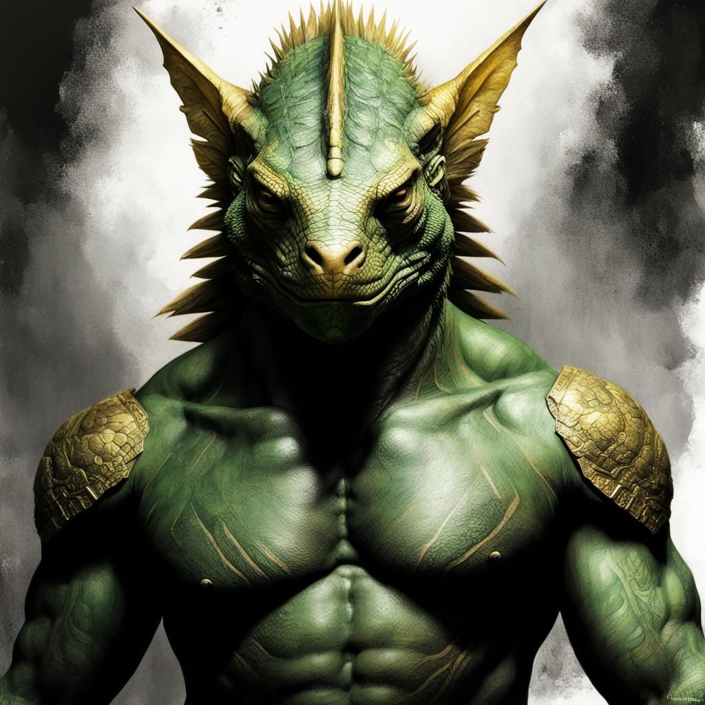 Iguana Warrior God Portrait in Charcoal Sketch Style