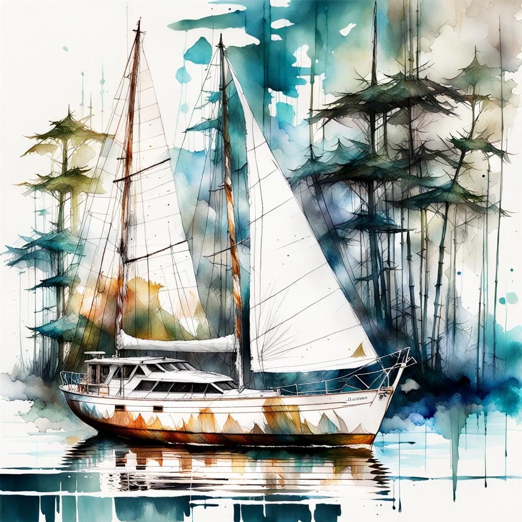 Disintegrating Sailboat with Bamboo in Watercolor Style