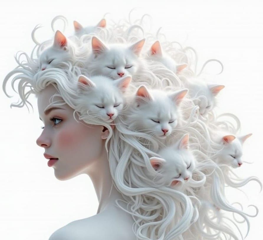 White-Haired Woman with Kittens in 3D Rendering