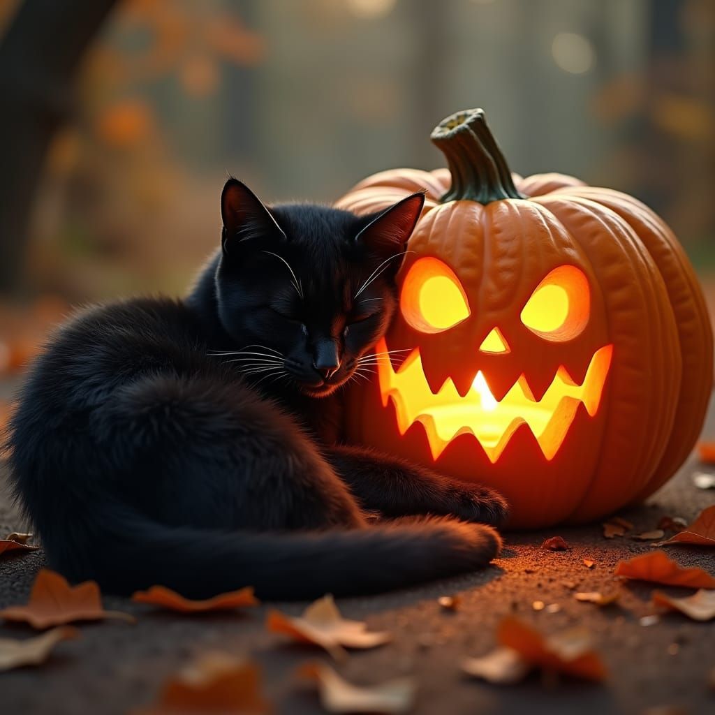 Black Cat's Autumn Nap by Glowing Pumpkin