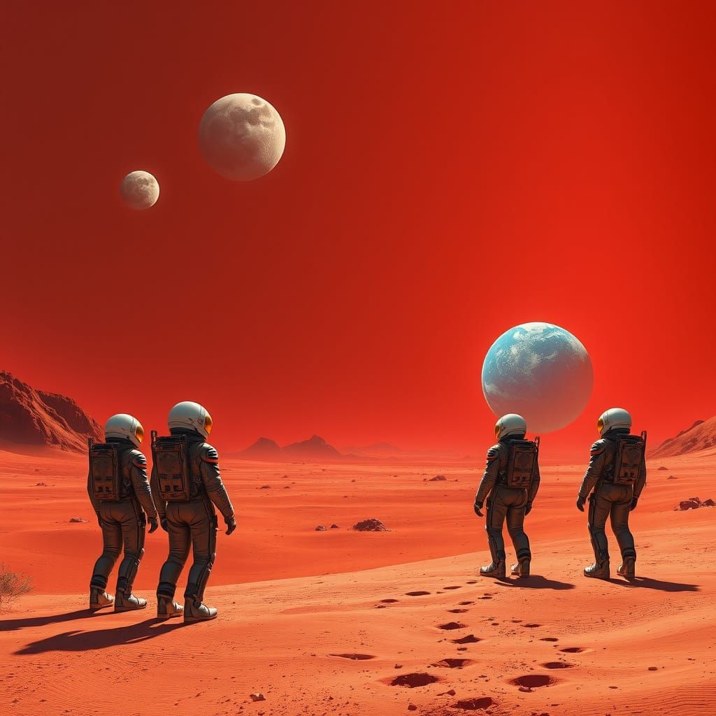 Futuristic Martian Landscape with Twin Moons and Earth