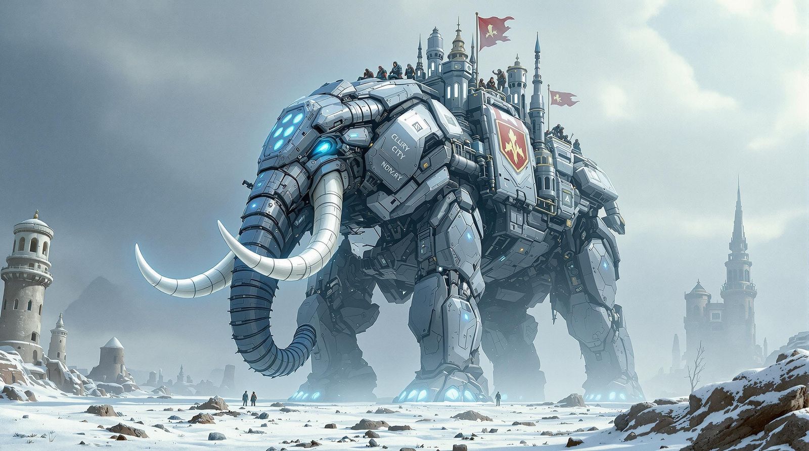 Cybernetic Wasteland Elephant Trudges Through Snowy Ruins
