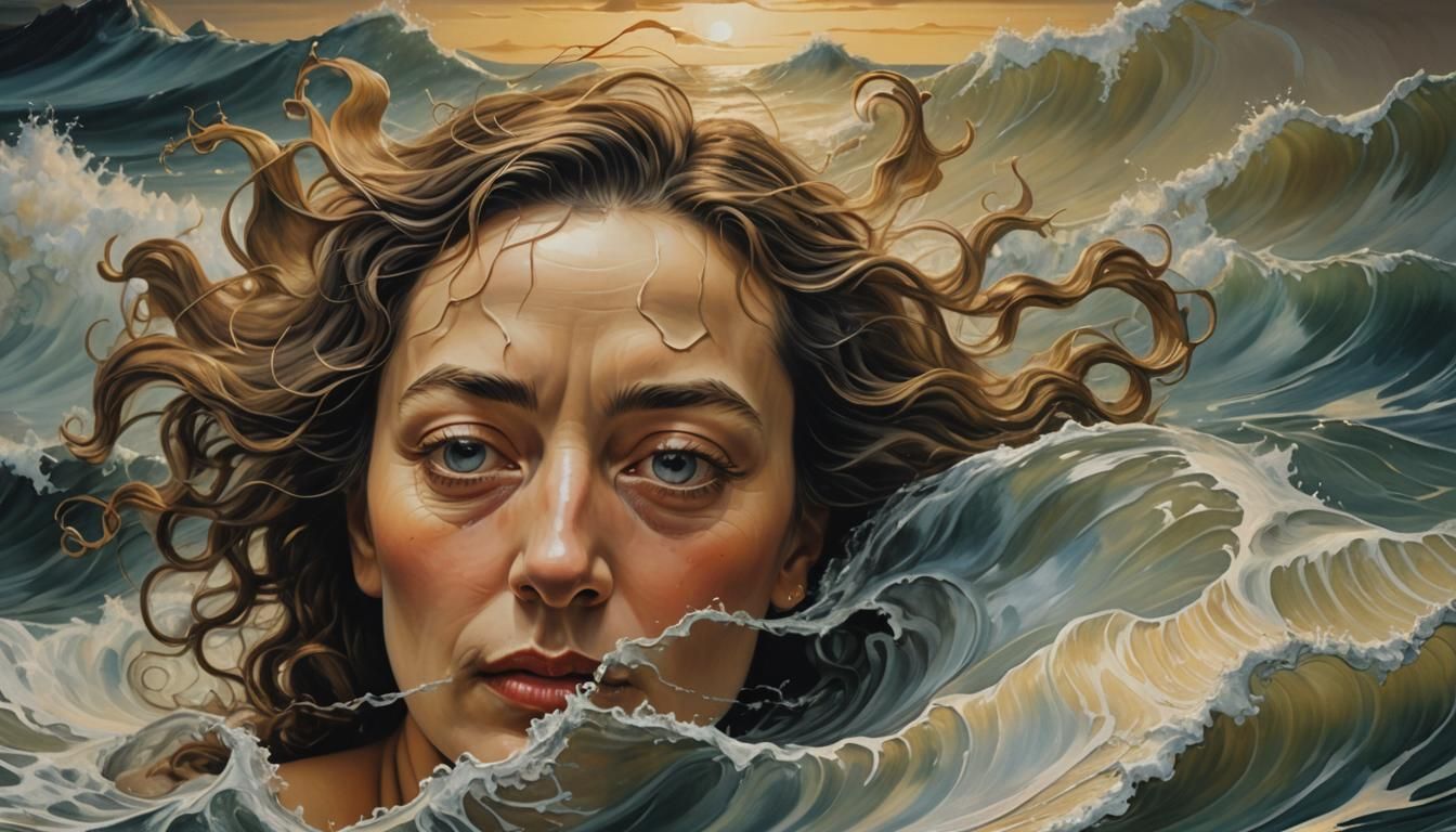 Serene Face Amidst Stormy Sea: Surrealist Oil Painting