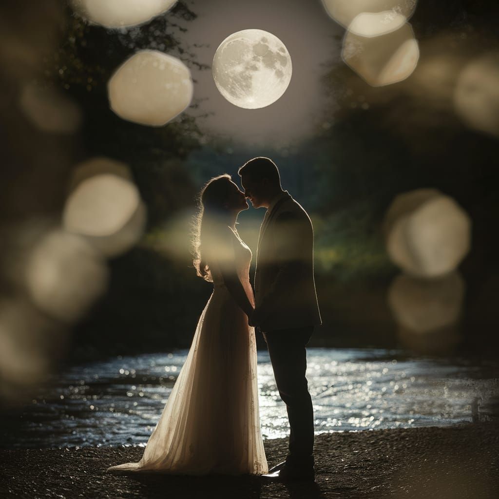 Romantic Couple Silhouetted Under Moonlight: Professional Ph...