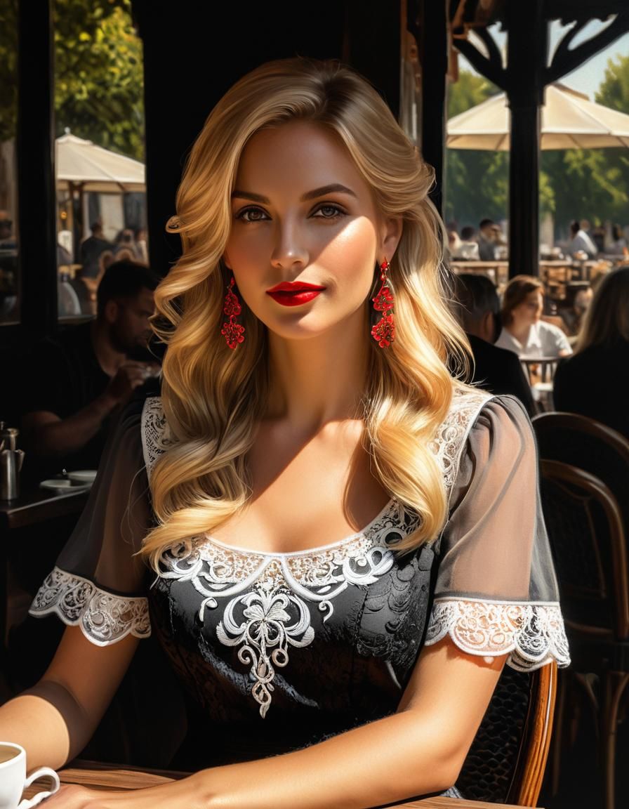 Romanesque Woman in Ethereal Cafe Light, Oil Painting