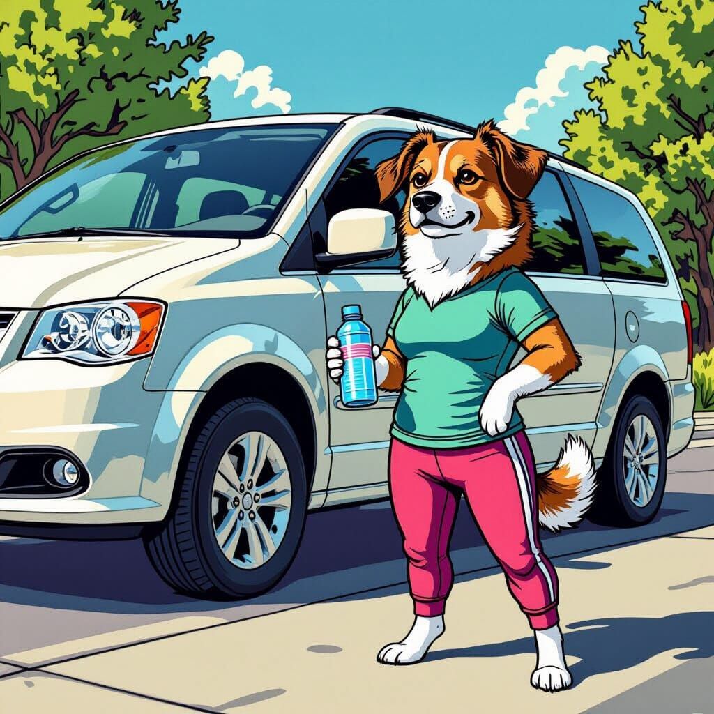Dog in Yoga Pants with Water Bottle Next to Minivan