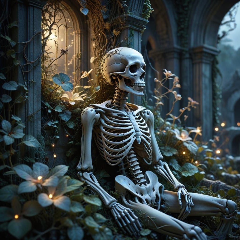 Skeleton Overgrown With Vines in Ethereal Garden Ruins