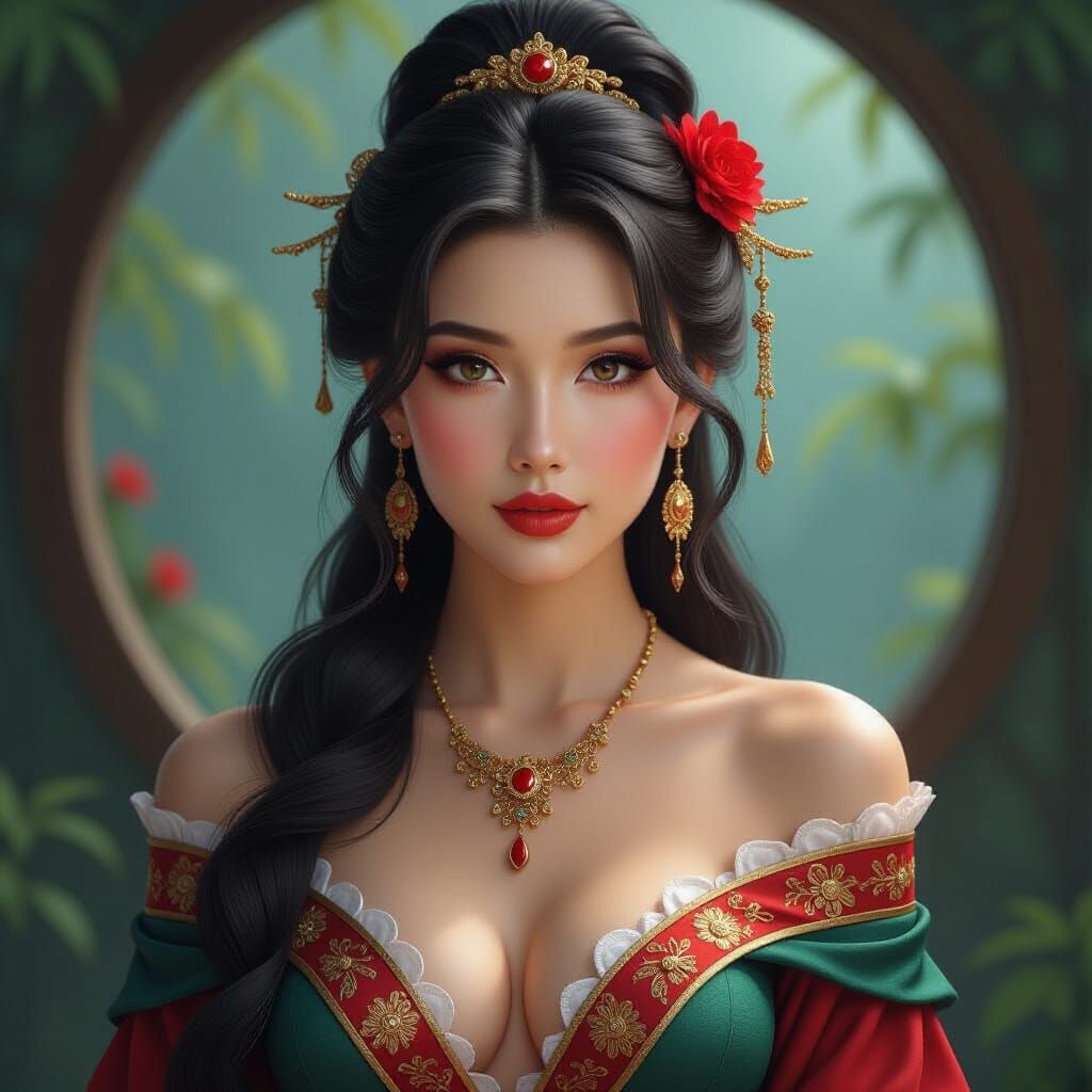 Graceful Oriental Woman Portrait in Fantasy Concept Art Styl...