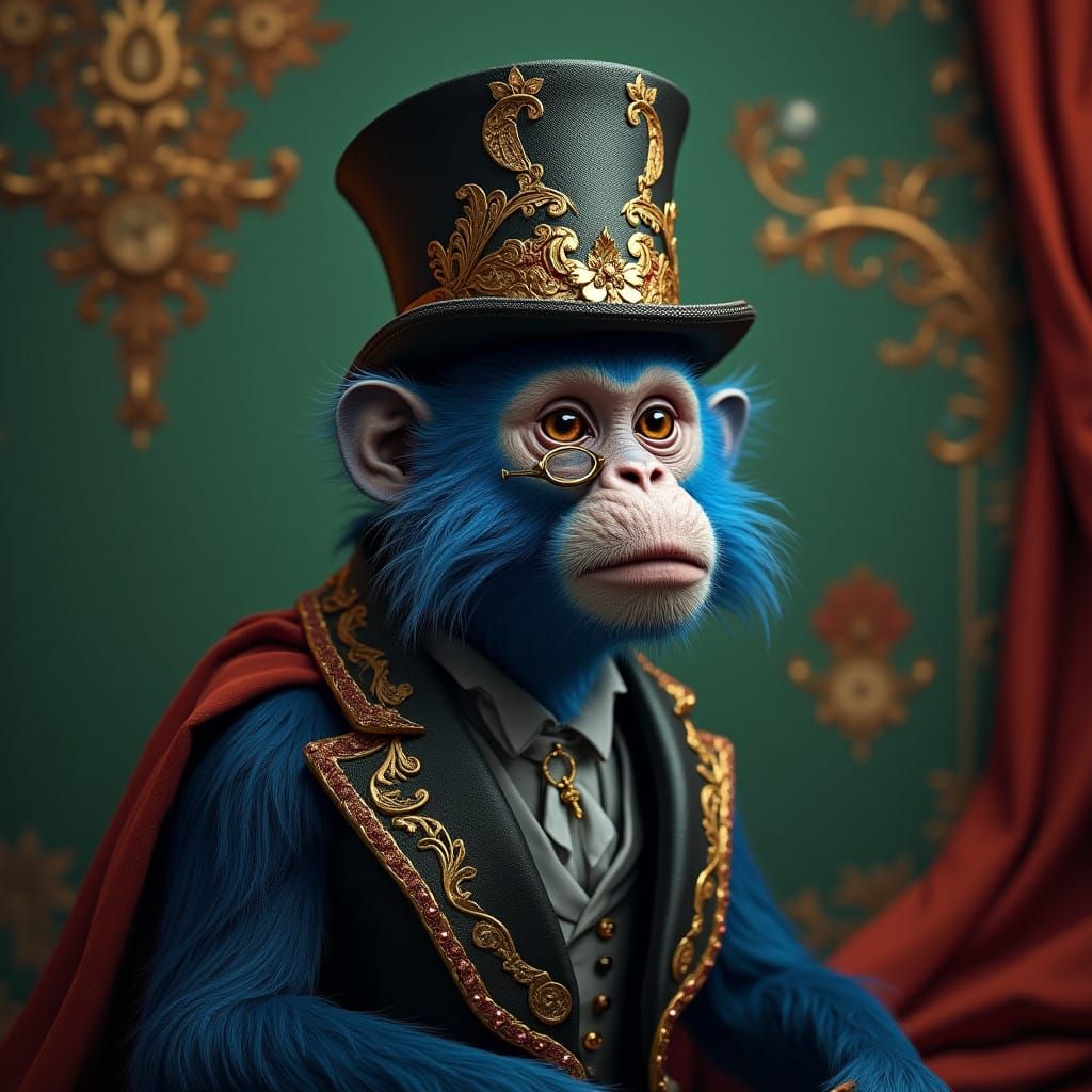 Regal Blue Monkey in Lavish Top Hat and Monocle