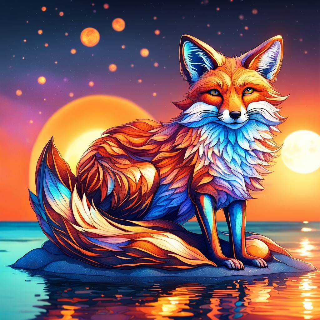 Fox Watching Sunset: Holographic Cosmic Illustration