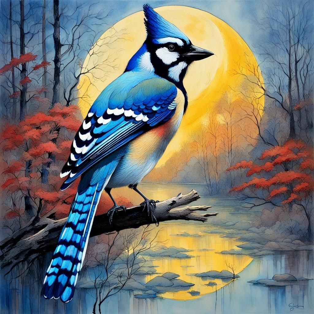 Blue Jay on Misty Pond: Gouache and Ink Style