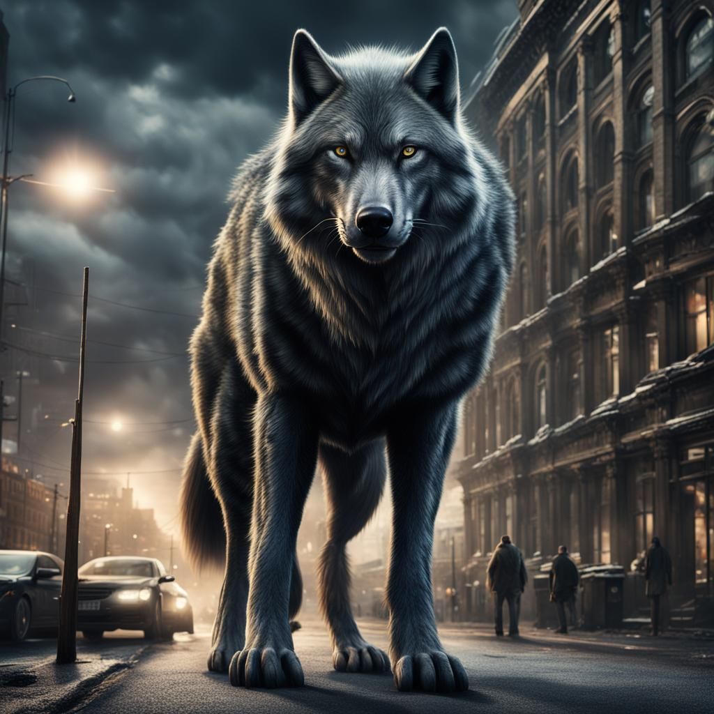 Giant Wolf in City Street: Digital Matte Painting
