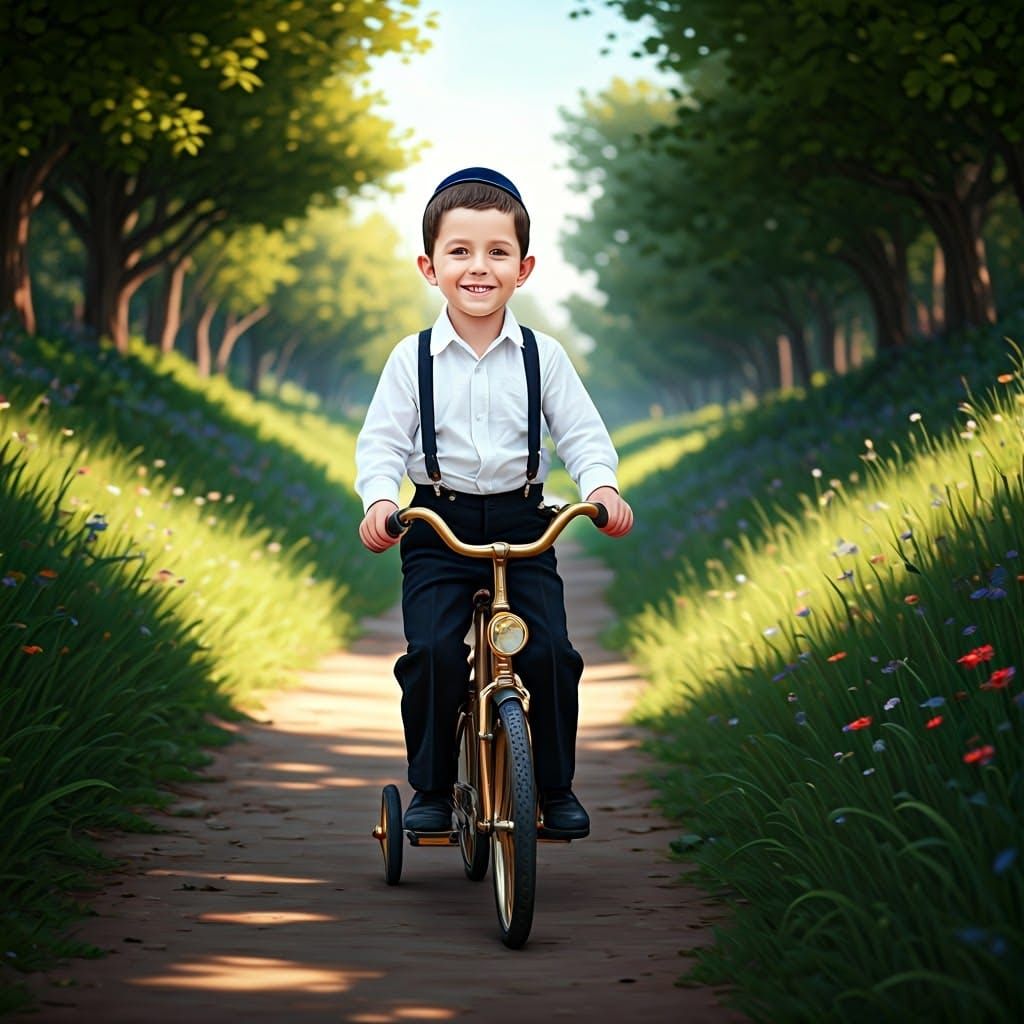Whimsical Ultra-Orthodox Boy Rides Bike through Vernal Fanta...