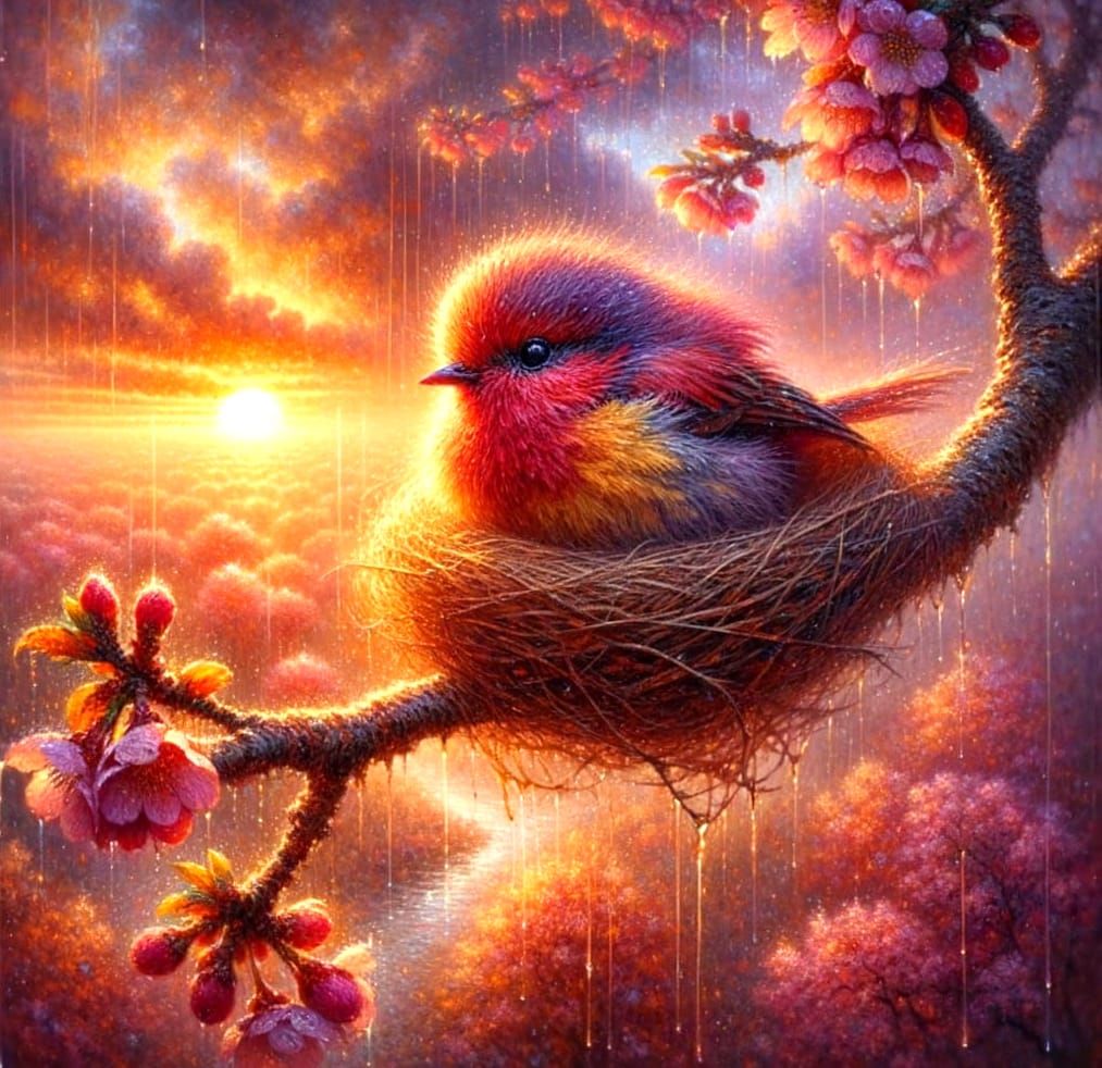 Bird in Rainy Dawn Sky: A 19th Century Painting