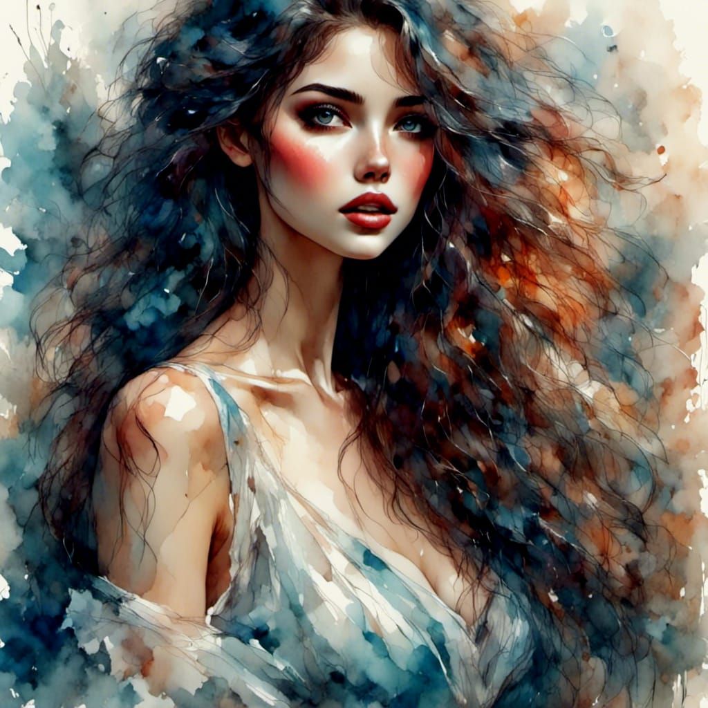 Beautiful Woman in Gown, Watercolour and Ink Style