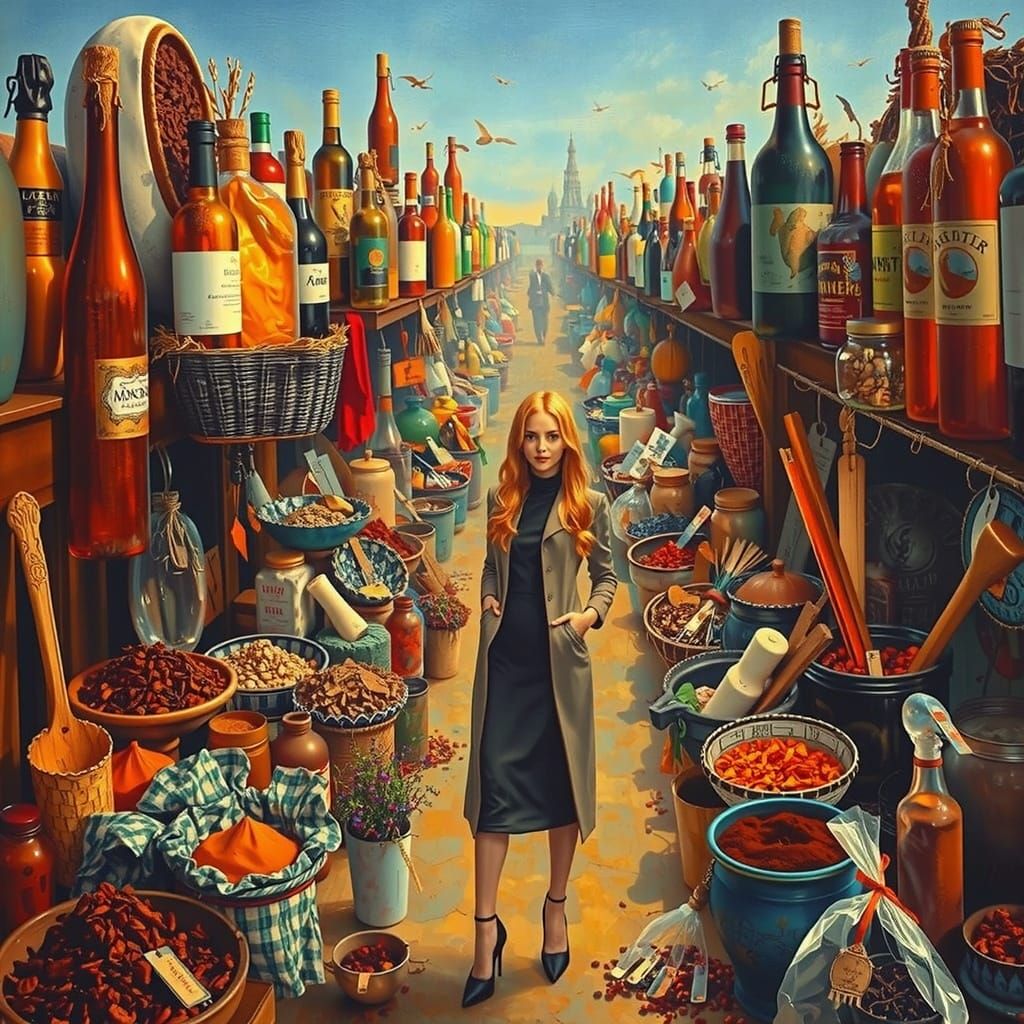 Hyperrealistic Exotic Spice Market with Ginger-Haired Woman