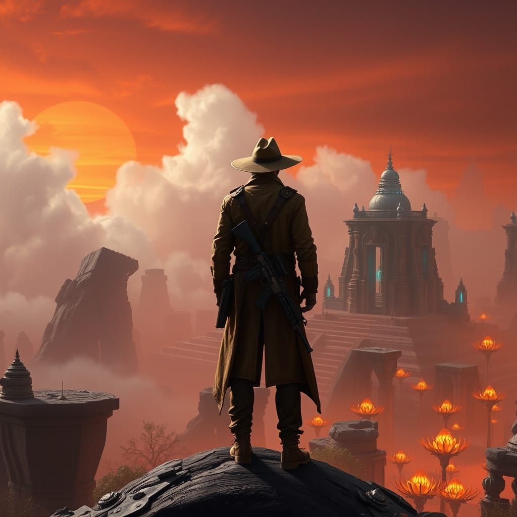 Mysterious Bounty Hunter in Alien Landscape