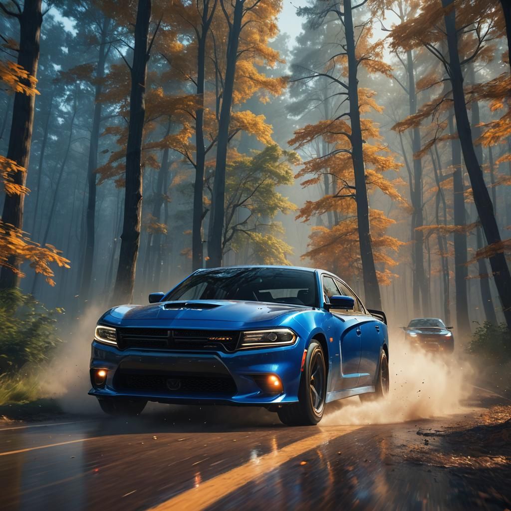 Blue Dodge Charger Scat Pack on Rally Track