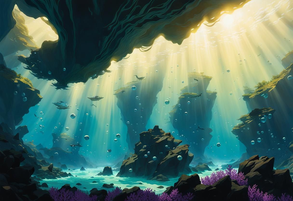 Underwater Cavern with Seal-Dragons in Futuristic Style