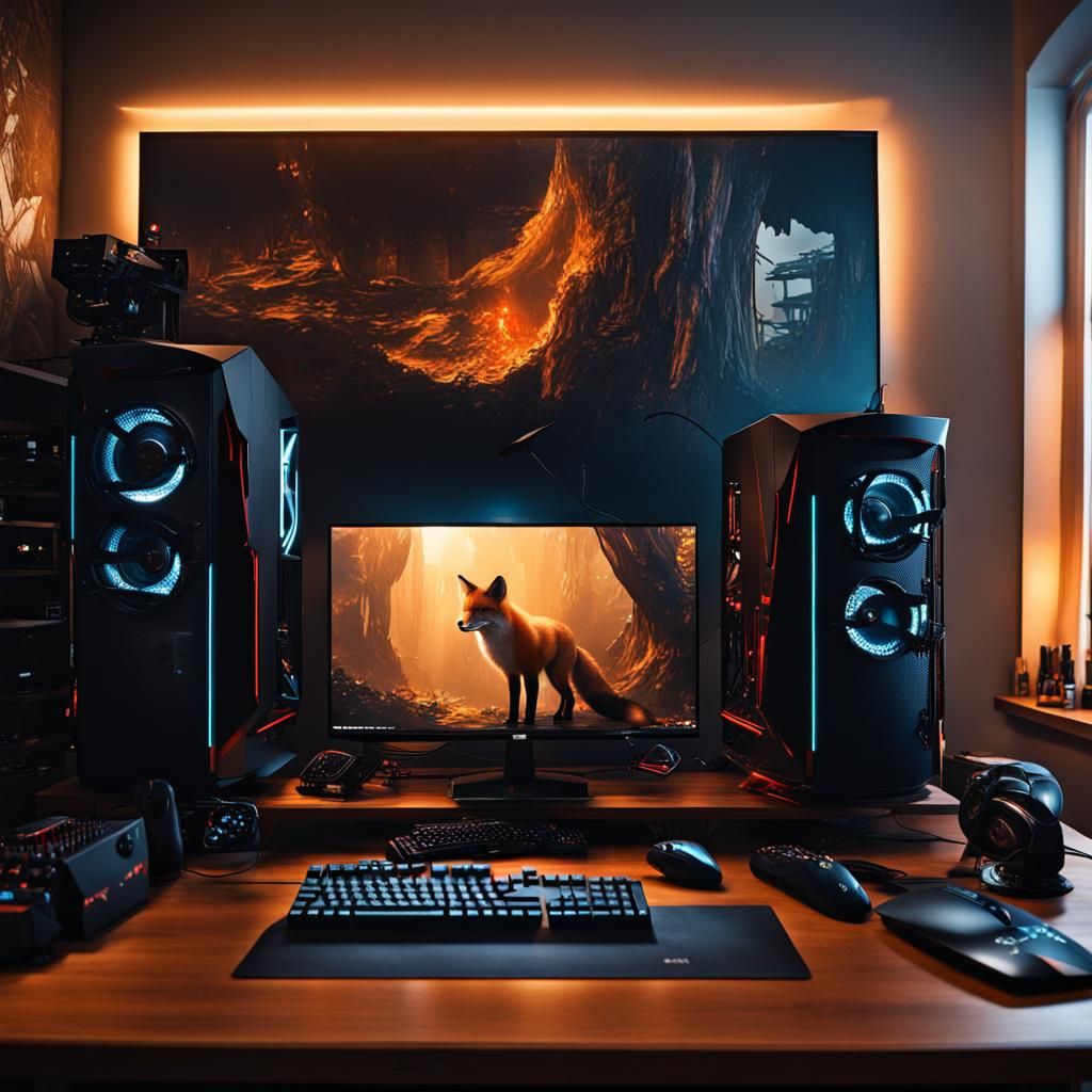 Hyperrealistic Fox with Gaming PC Setup