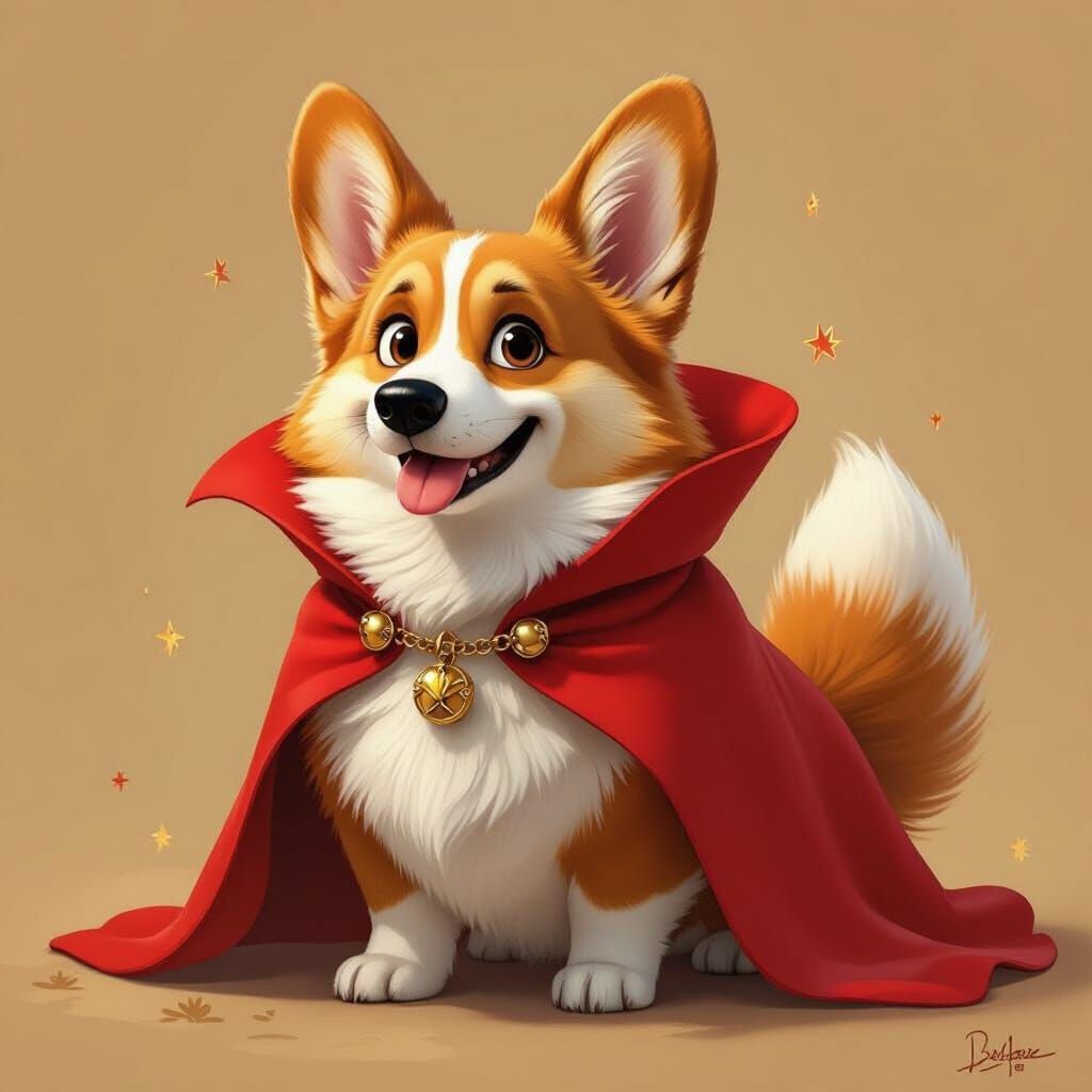Regal Corgi in Crimson Cape, Disney-Style Digital Painting
