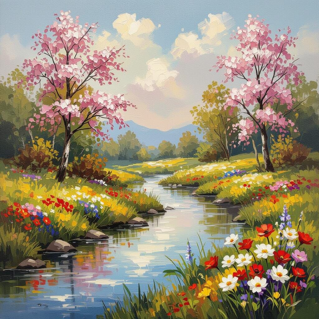 Spring Flowers by Stream, Warm Oil Painting