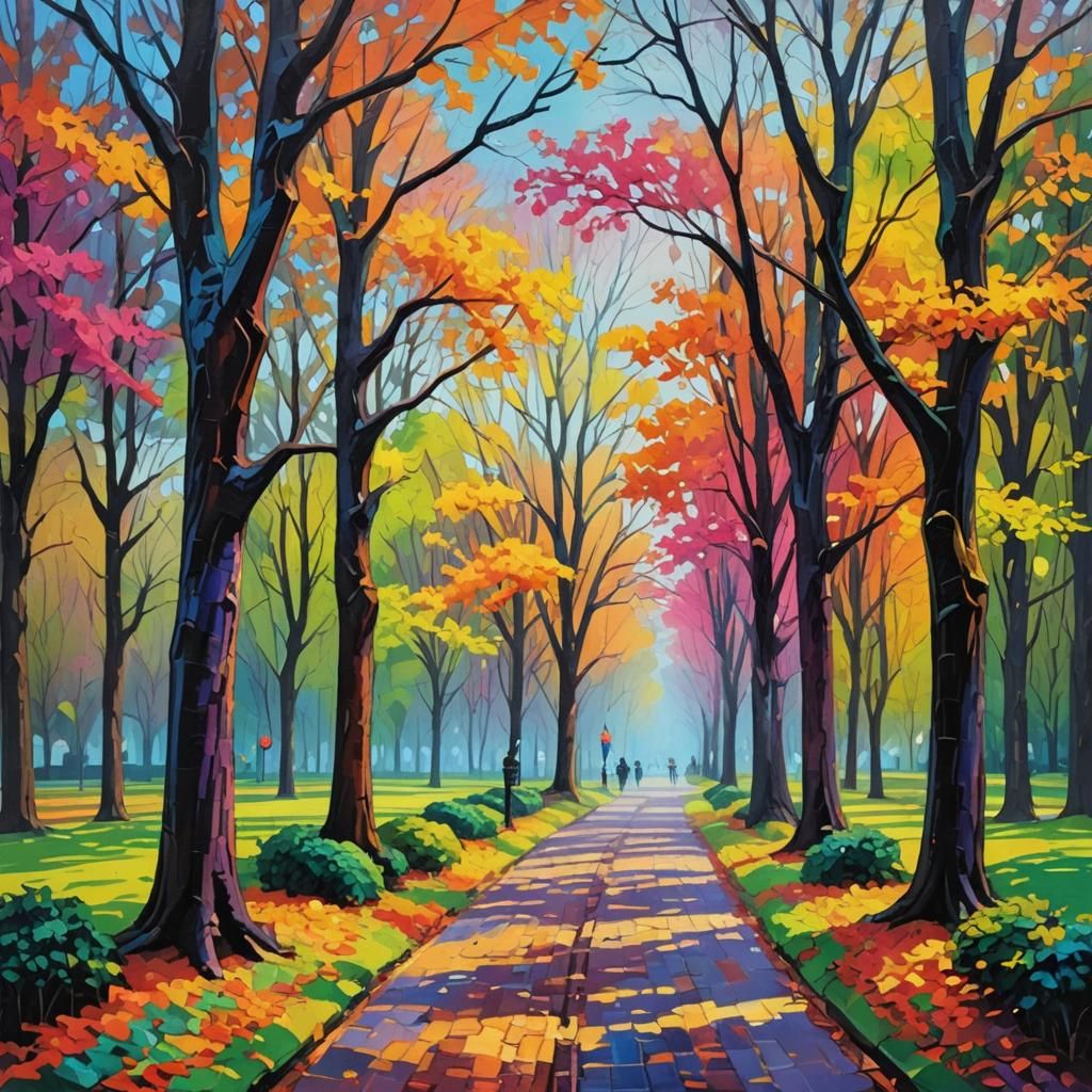 Neon Trees Light a Park Path: Expressionist Oil Painting