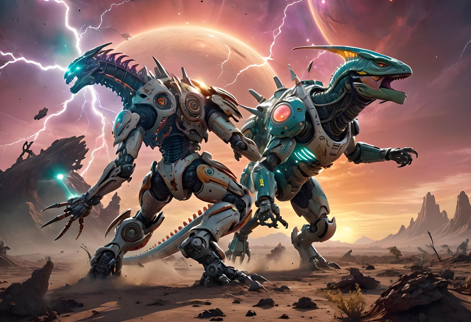 Epic Mecha Battle on Alien Planet in Sci-Fi Style