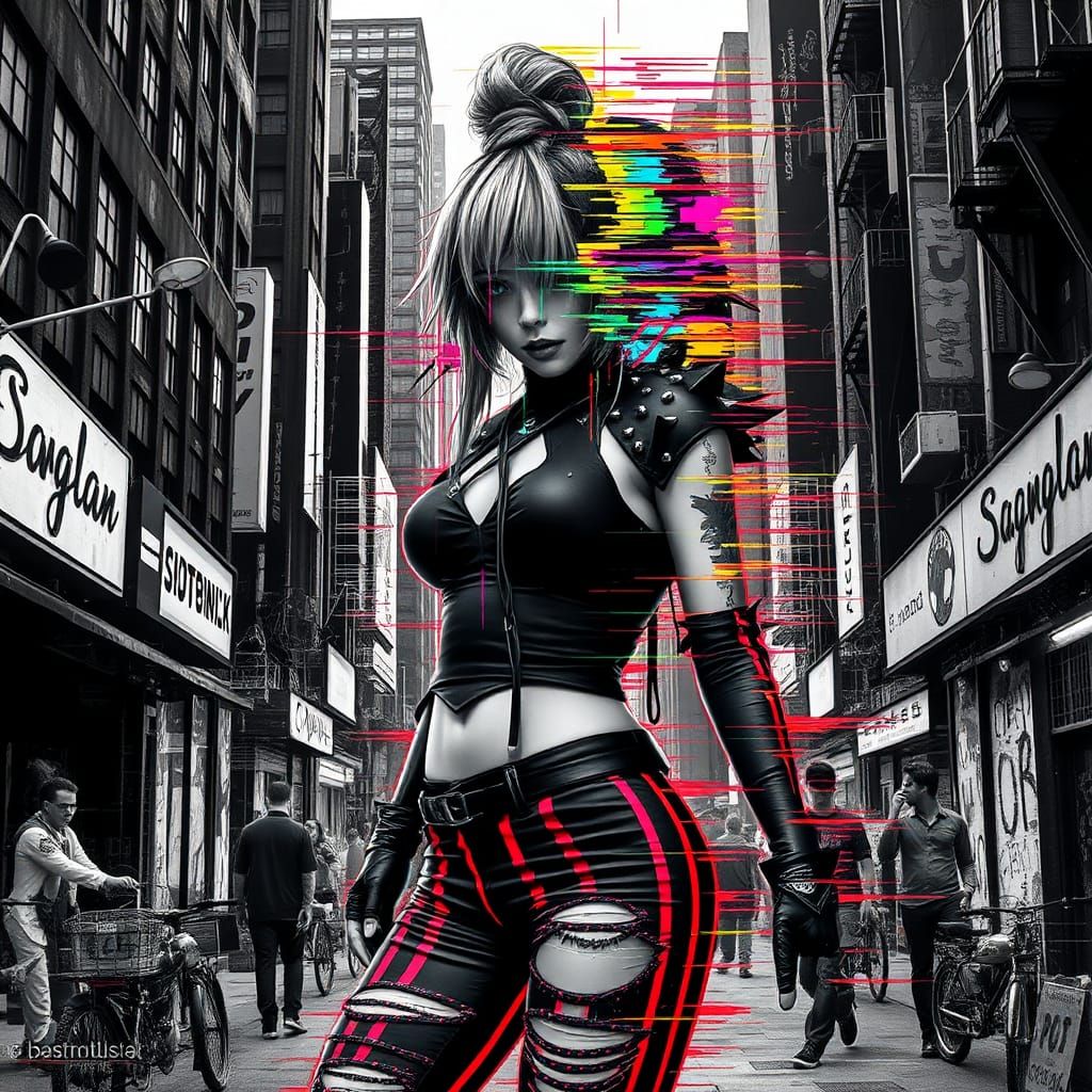 futuristic ecopunk A gutterpunk lady, wearing a black atompu...