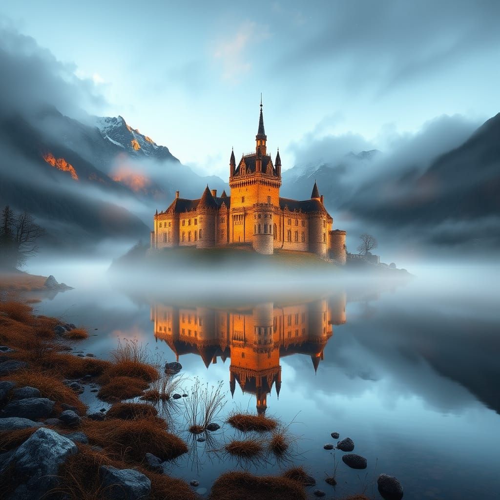 Ethereal Scottish Castle Reflected in Lake