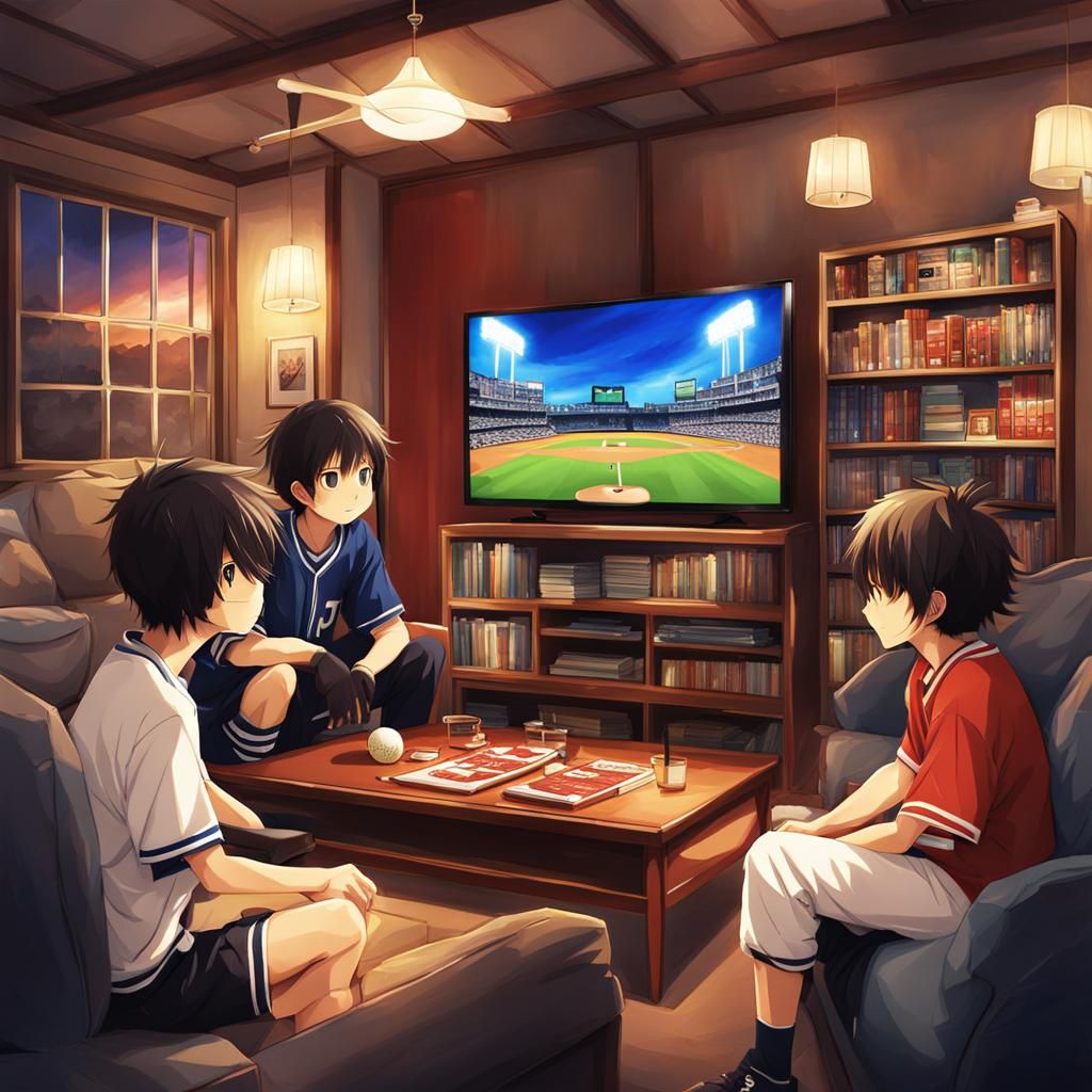Baseball Game on TV in Anime Style