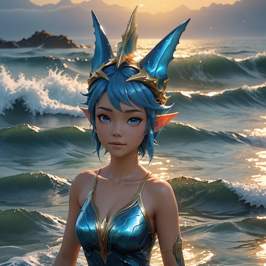 Anime Water Elf with Shark Fin: 3D Portrait
