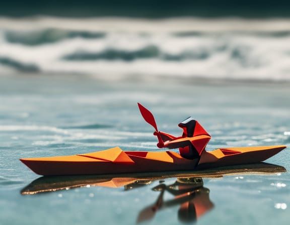Origami Man Kayaking at Beach in 8K