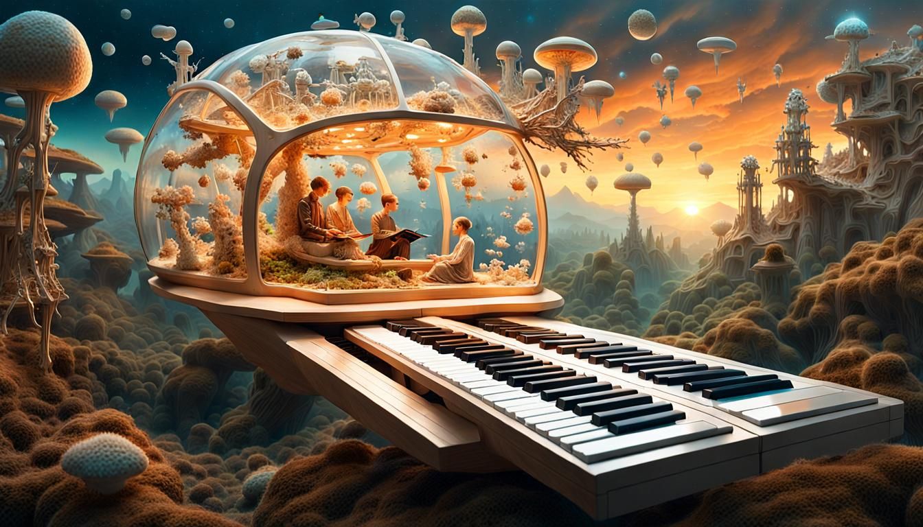 Ethereal Figures Compose Surreal Poems in Sunset Galaxy