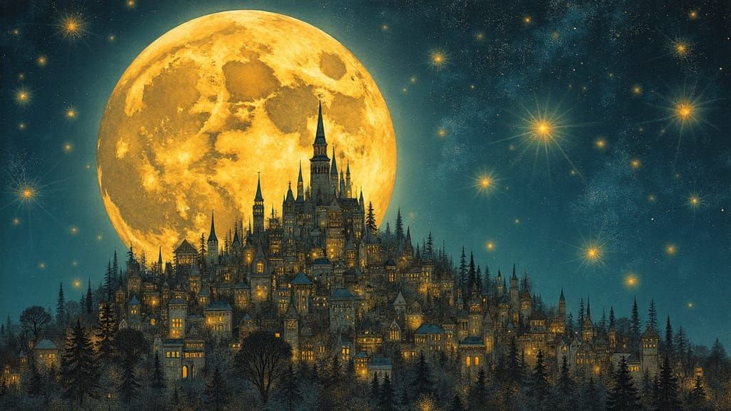 City on the Moon in Dreamy Art Nouveau Style