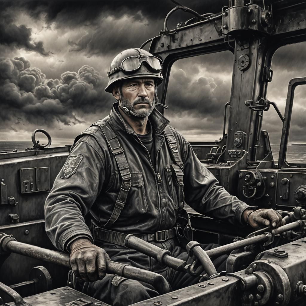 Armored Tug Boat: Hyper-Realistic Charcoal Drawing