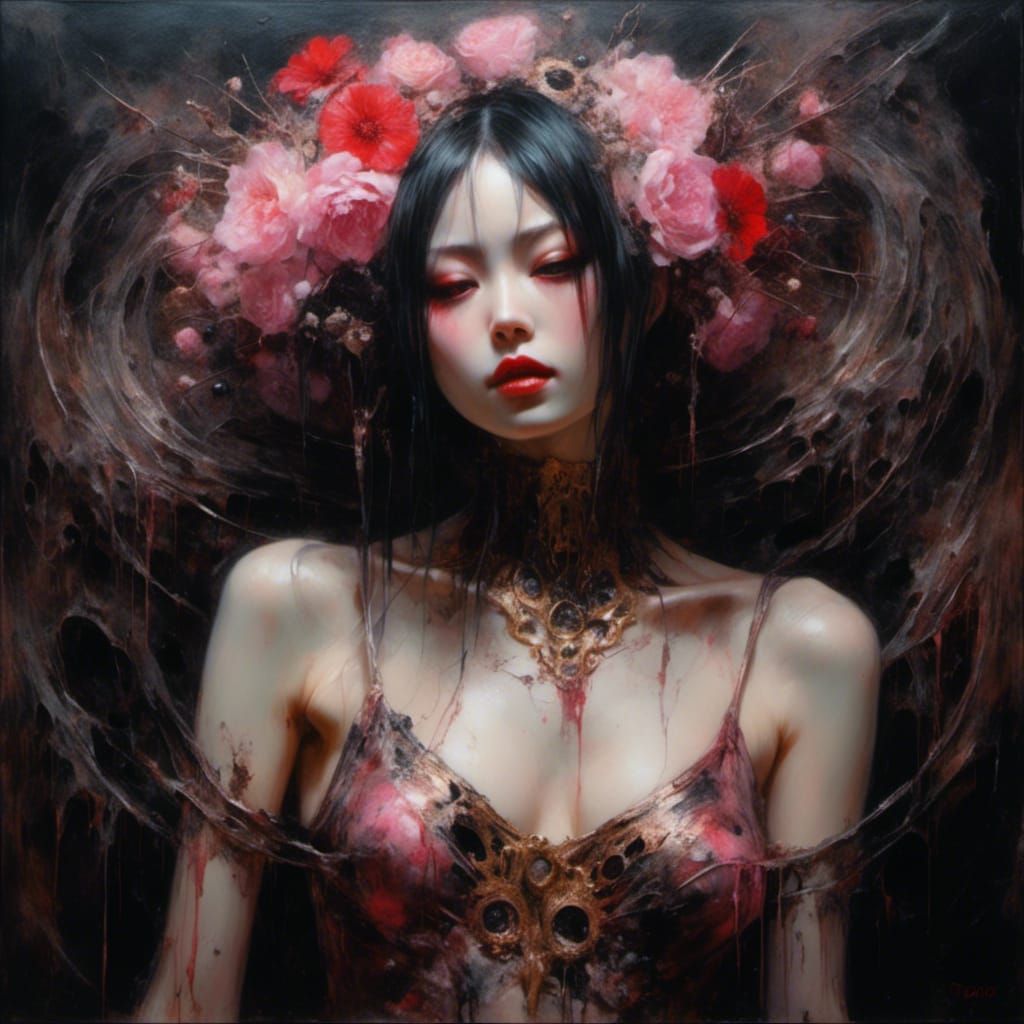 Gothic Japanese Woman in Latex Lingerie as Oil Painting