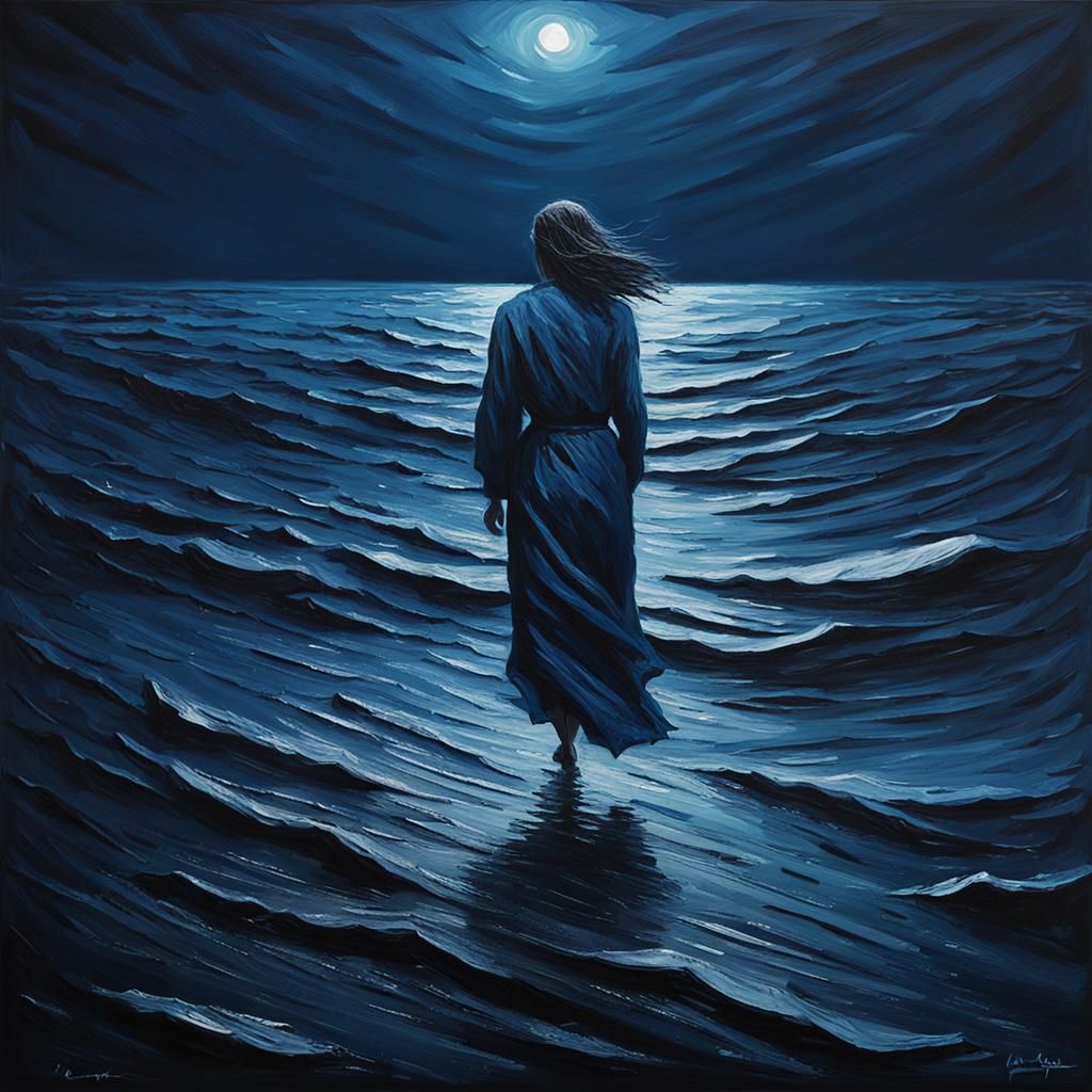 Sad Woman Walks Ocean at Night in Impasto
