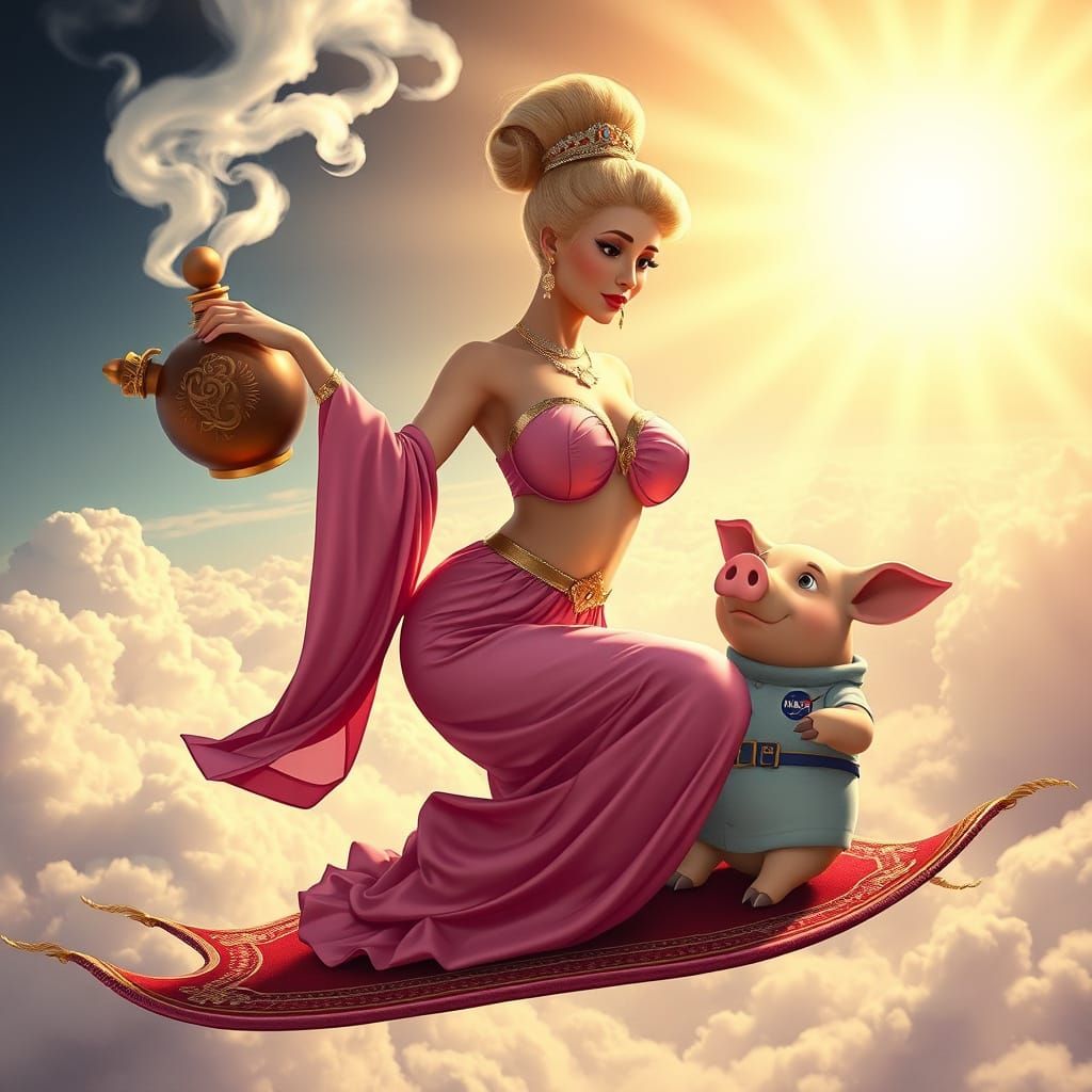 Oriental Genie Emerges for Pig Man: Retro Art