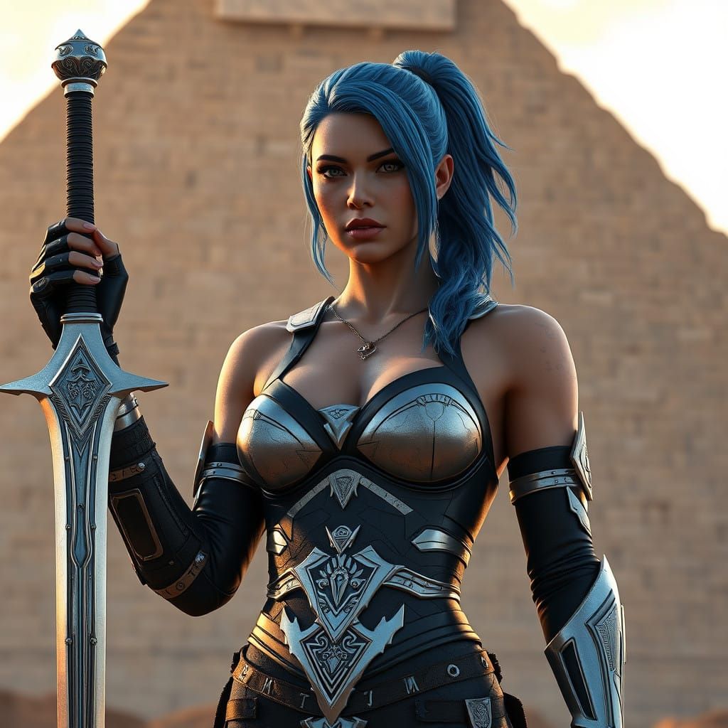 Cyberpunk Warrior Goddess in Ancient Pyramid Setting