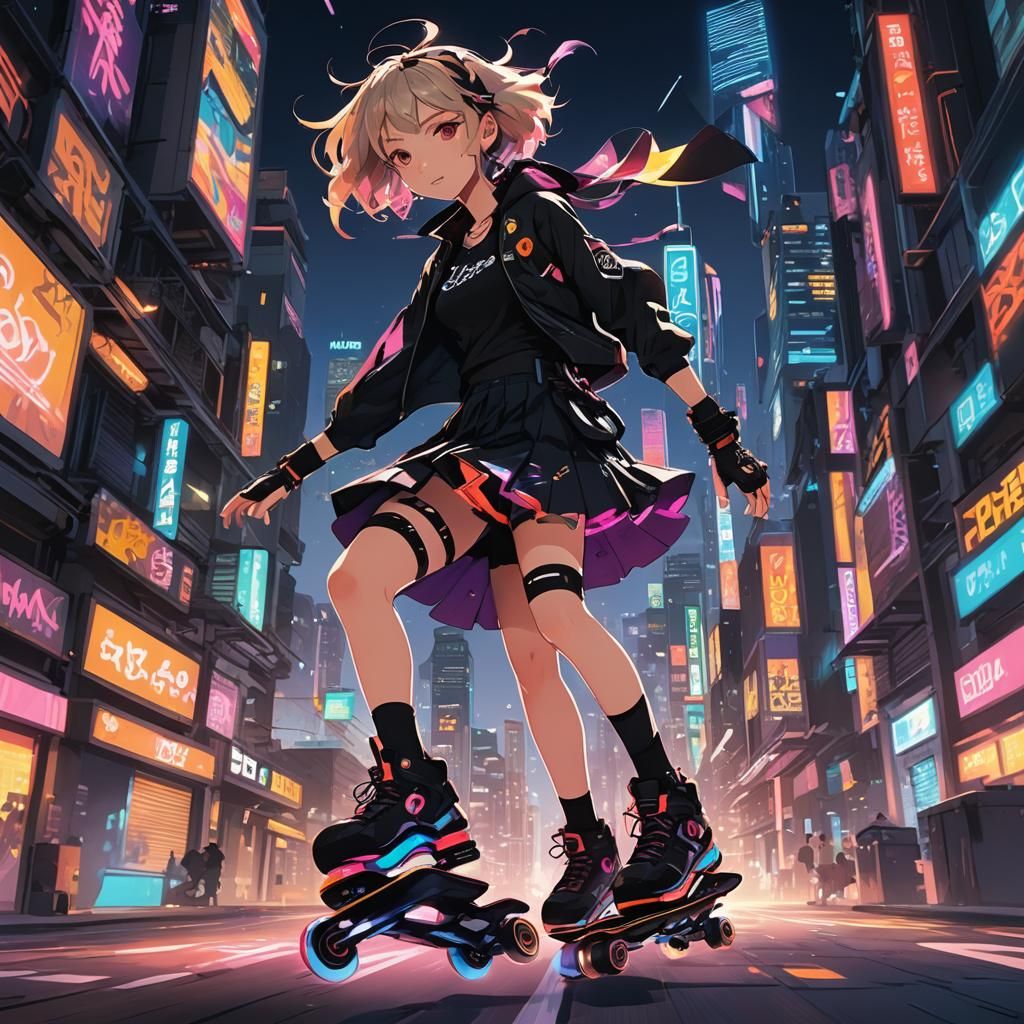 Anime Rollerblading Girl in Neon Cityscape
