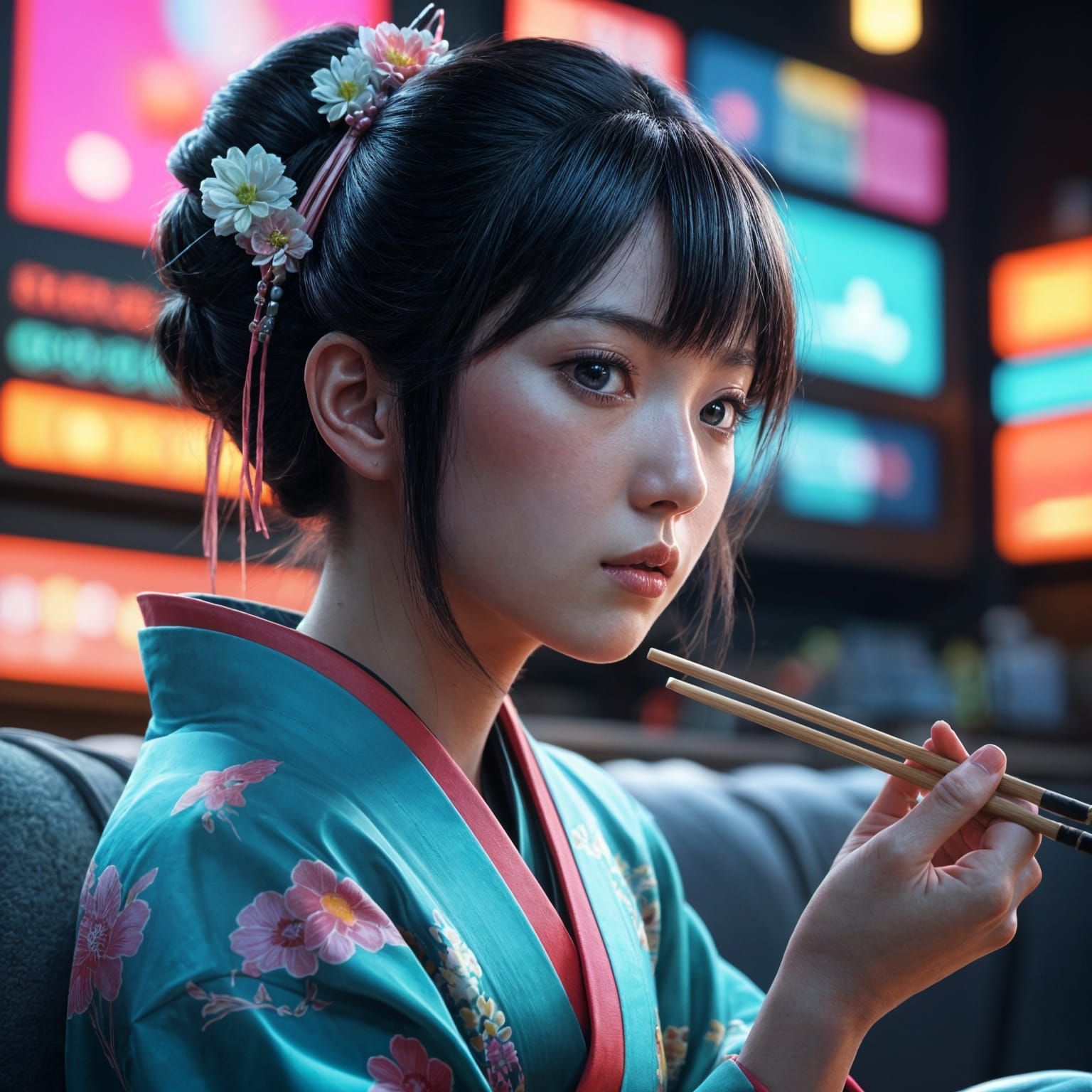 Geisha's Cozy Anime Night in Vibrant Colors