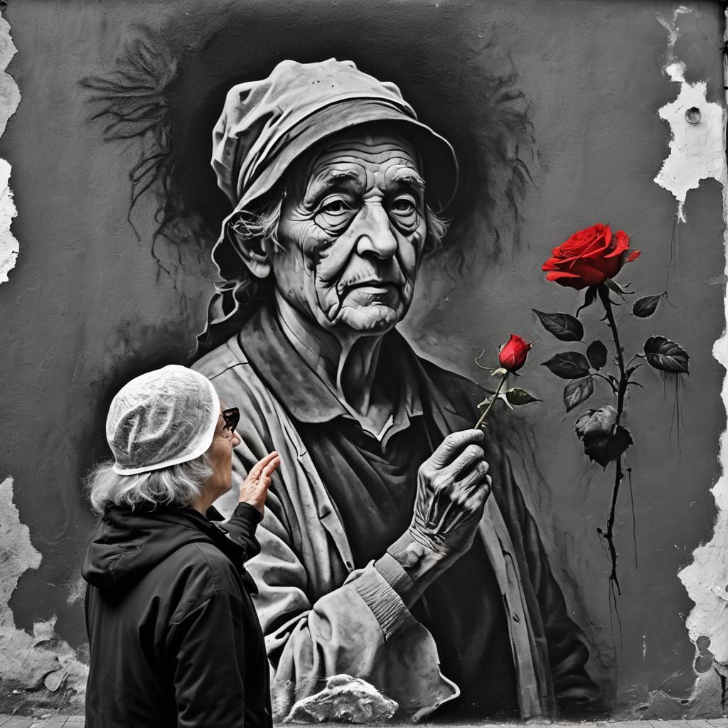 Black and White Mural: Old Man Offering Rose